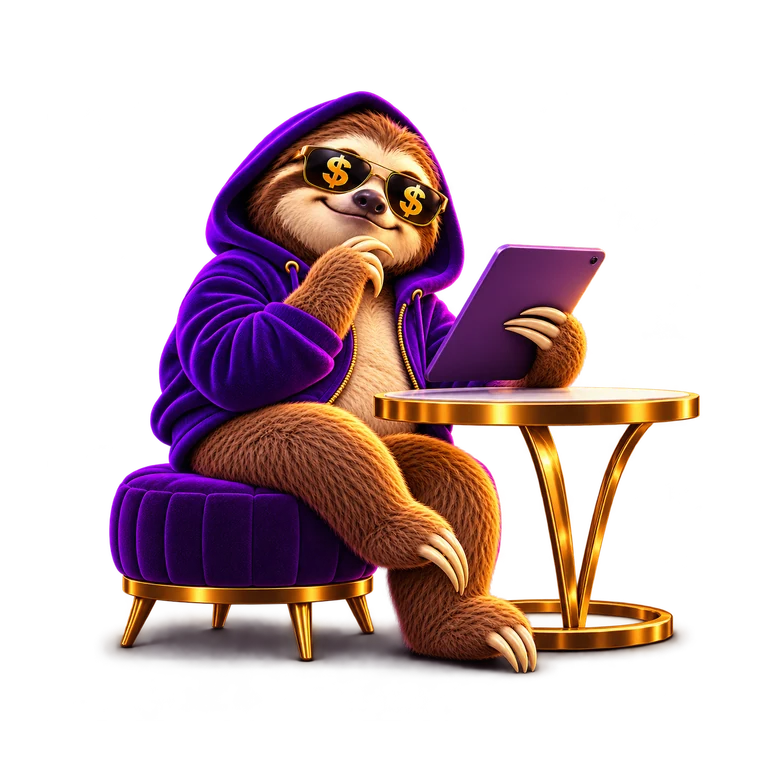 SlothCash considering a tablet at a gold-trimmed desk; brown-and-cream sloth, purple hoodie and gold dollar sunglasses