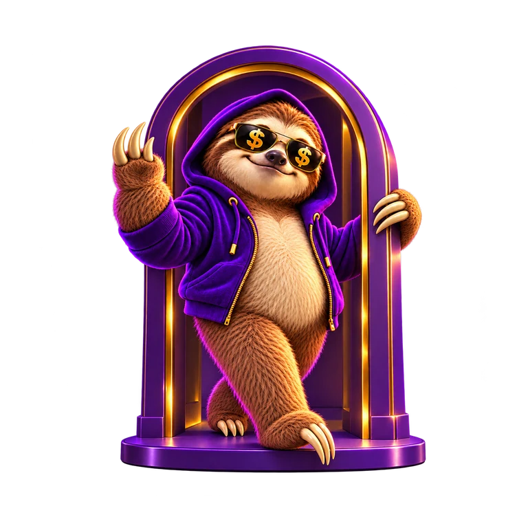 SlothCash waving from a complete purple and gold doorway; brown-and-cream sloth, purple hoodie and gold dollar sunglasses
