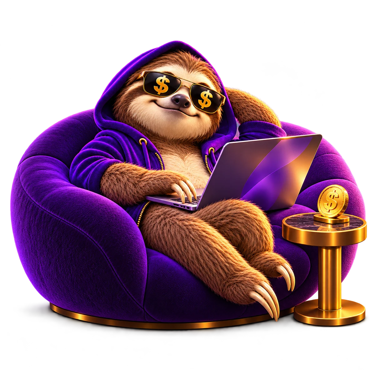 The familiar SlothCash sloth relaxing with a laptop in a cozy purple-lit room.