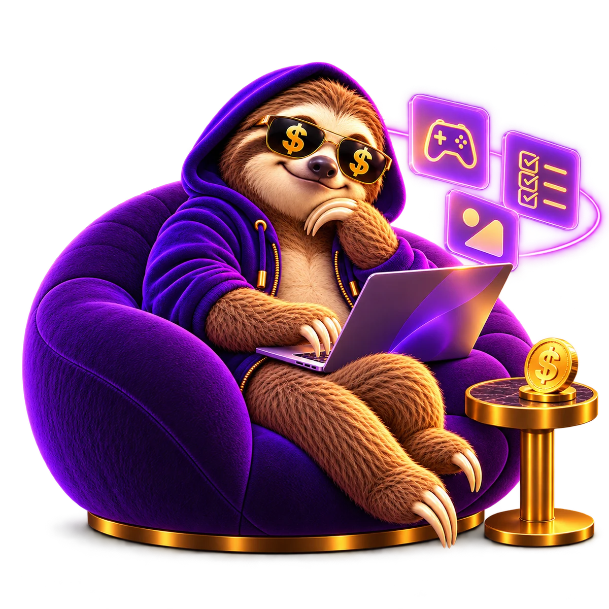 The same sloth discovering a glowing laptop in the purple lounge.